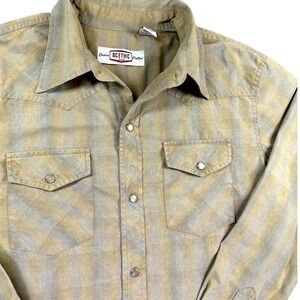 VTG BC Ethic Shirt Men M Pearl Snap Western Plaid Beige‎ Cowboy Rancher Rodeo